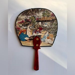 Vintage Asian Japanese Wooden Non-folding Fan Beautiful Paintings on Both Sides